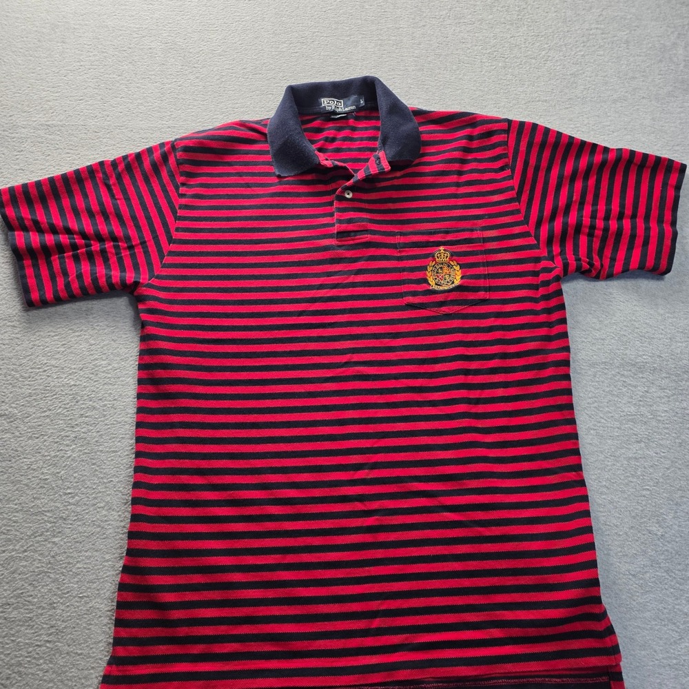 Polo Ralph Lauren Mens Large Red Navy Striped Crest Pocket Polo Shirt Vintage